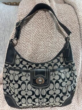 Coach Signature Canvas Hobo in Black and Cream with Leather Trim